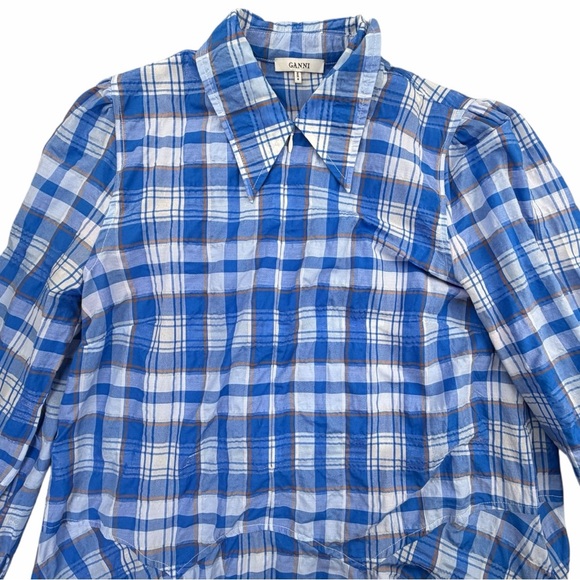 Ganni Charron Asymmetric Plaid Printed Long Sleeve Dress In Blue Women’s Size S - Picture 7 of 9